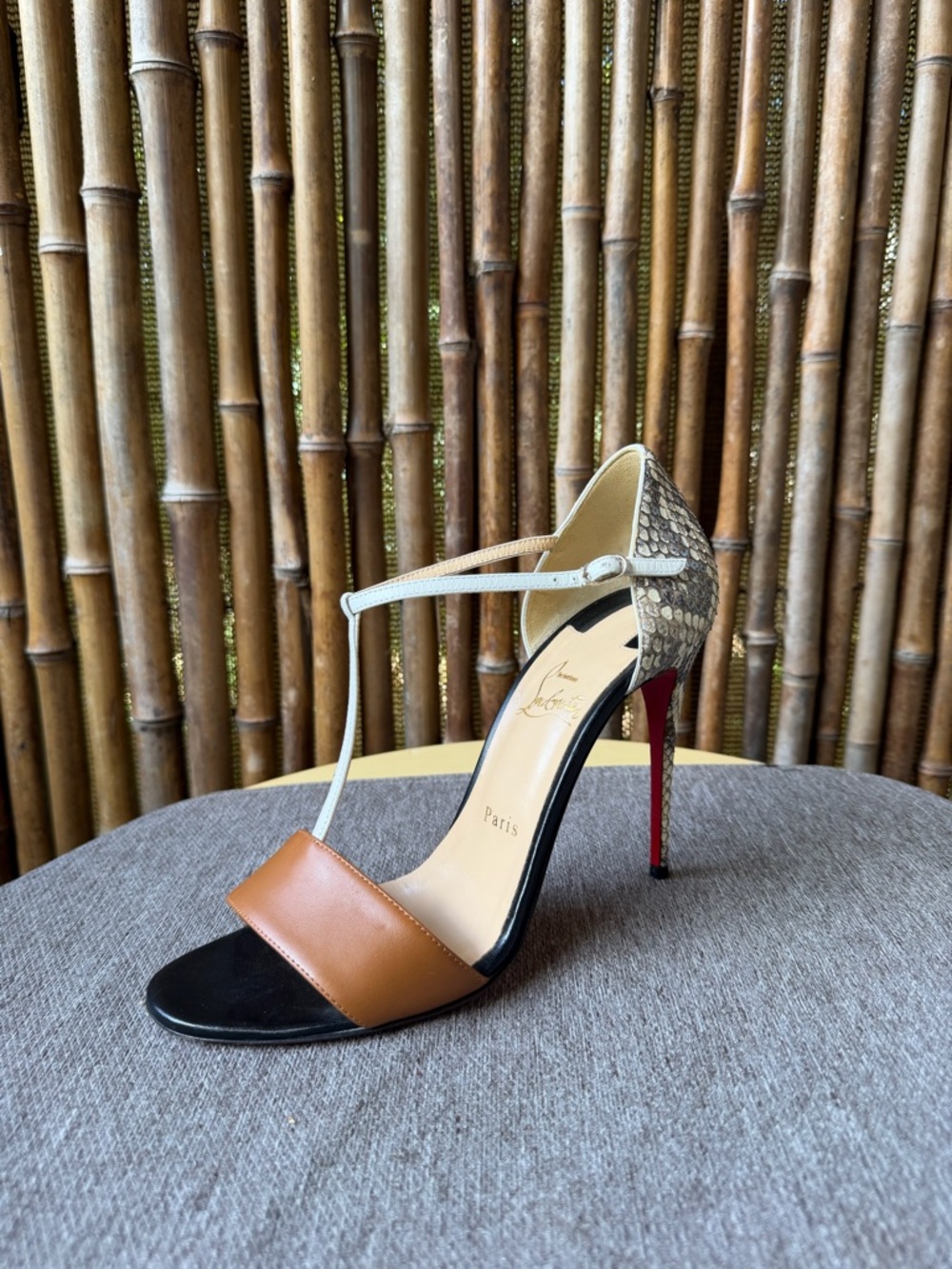 CHRISTIAN LOUBOUTIN Brown Calf/Python Leather T Strap Sandals